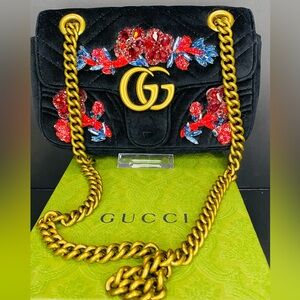 Gucci Marmont Matelasse Black Velvet Embroidered Shoulder Bag w Gold Chain Small